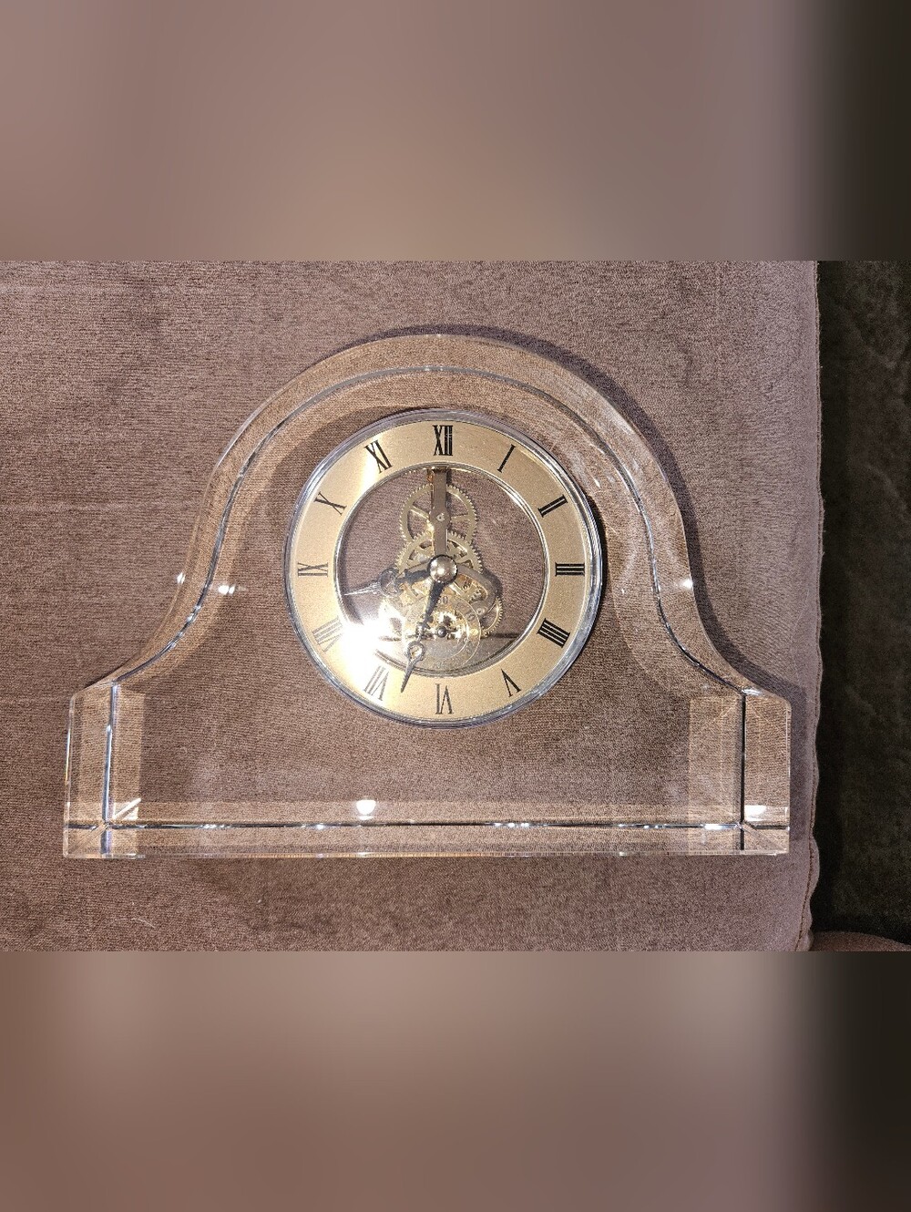 Clear Glass Mantel Clock, "AAA" Battery,  Works!!  Missing Knob For Dial On Back